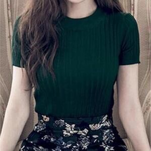 (SOLD) HAPPO Short-sleeve Ribbed Knit Top in Forest Green (ONE SIZE)